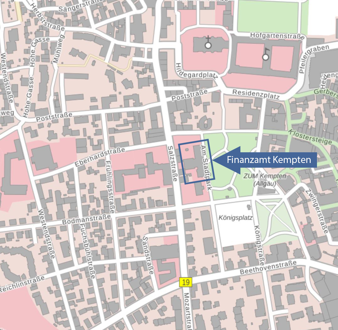  Stadtplan mit Markierung der Dienststelle Kempten, Am Stadtpark 3